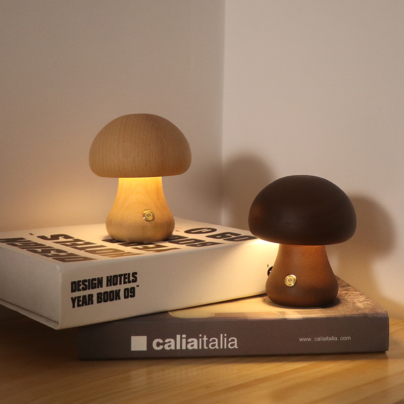 Nature's Gift Wooden Mushroom Lamp With Rechargeable Battery