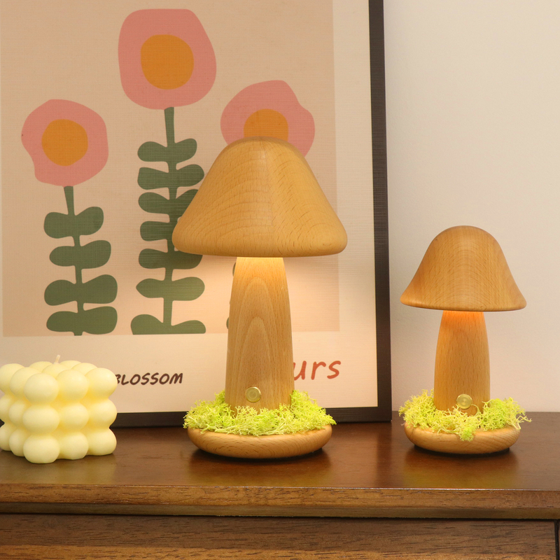 150° Direction Adjustable USB Rechargeable Wooden Mushroom Lamp With Grassy Bottom