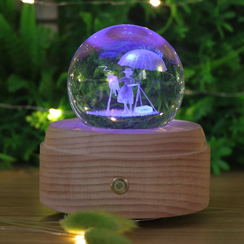 7 Colors RGB Crystal Night Light Touch Switch Dimmable Wooden LED Lamp With Music Box