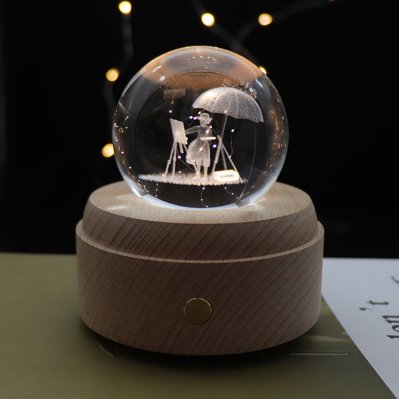 3D Crystal Night Light Touch Switch Dimmable Wooden LED Lamp With Music Box