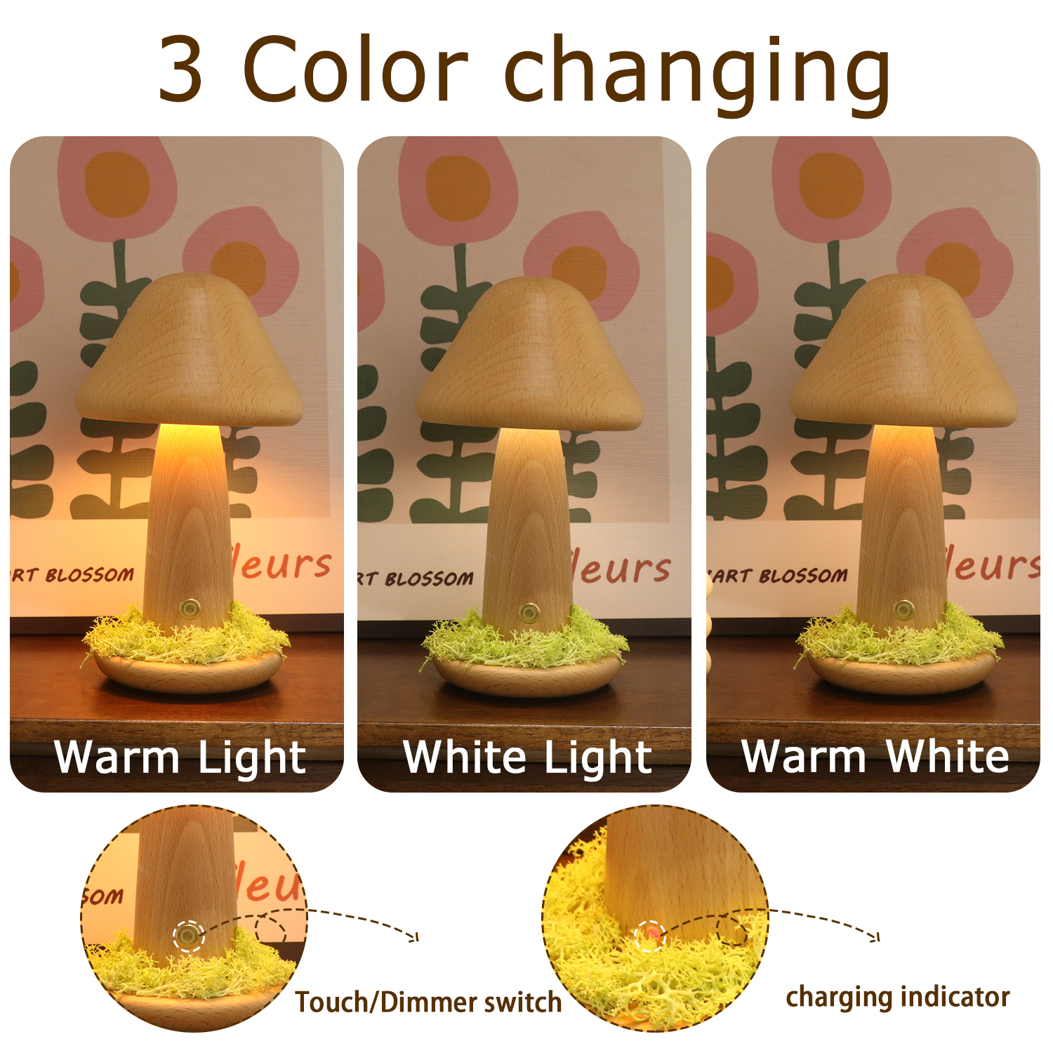 Customized Brown Dimmable Mushroom Lamp Touch Led Wooden Mushroom Night Light For Bedroom