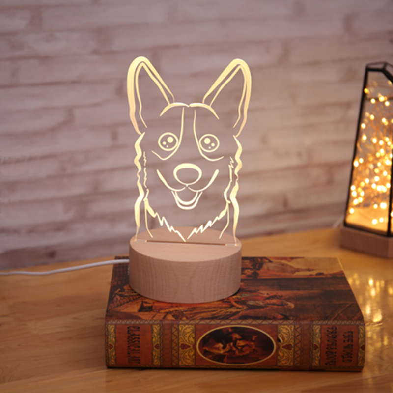 Cute Puppy Dog Night Lamp Acrylic Led Lamp With Wood Light Base