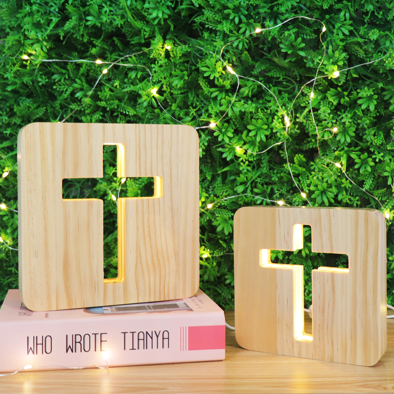 Cross Wooden Night Light Jesus Christ Lamp LED USB Desk Lamp For Christmas