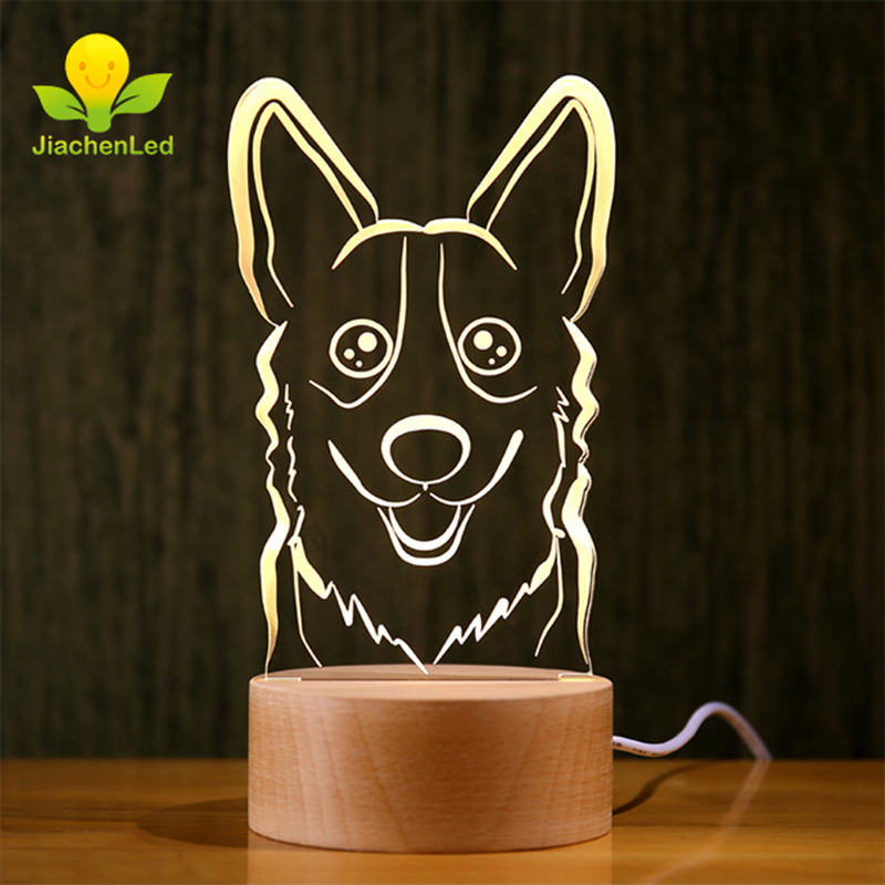 Cute Puppy Dog Night Lamp Acrylic Led Lamp With Wood Light Base