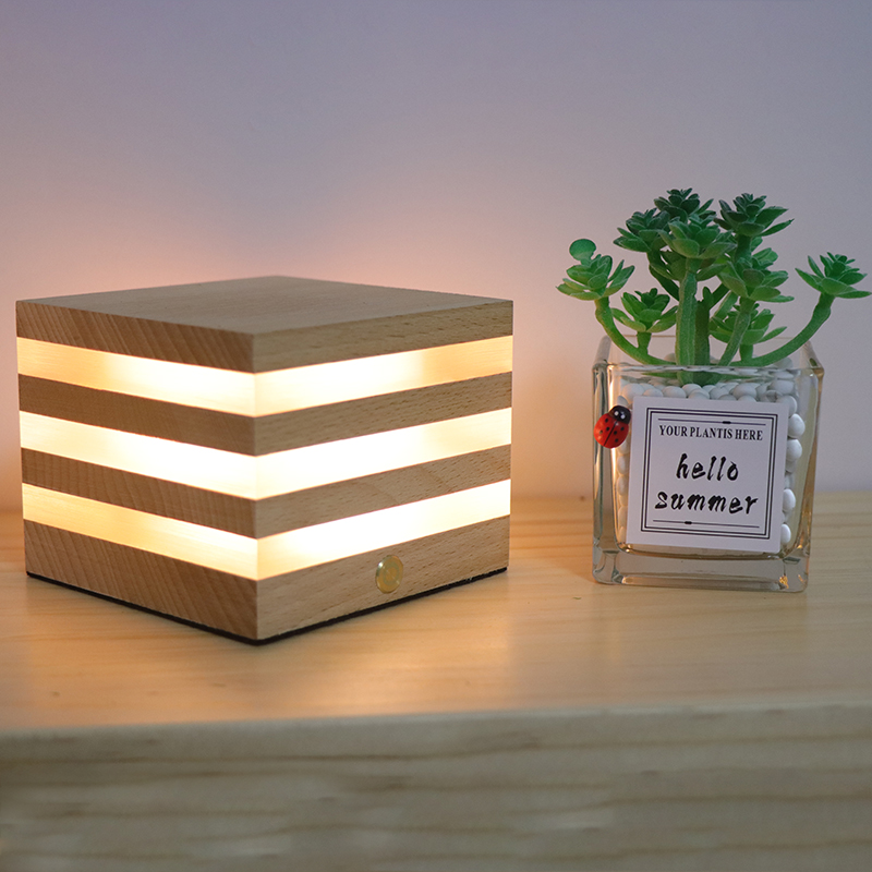 Square Touch Lamp Beech Wooden Dimmable Led Acrylic Night Lights For House Decoration 