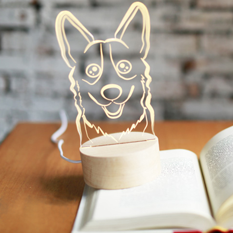 Cute Puppy Dog Night Lamp Acrylic Led Lamp With Wood Light Base