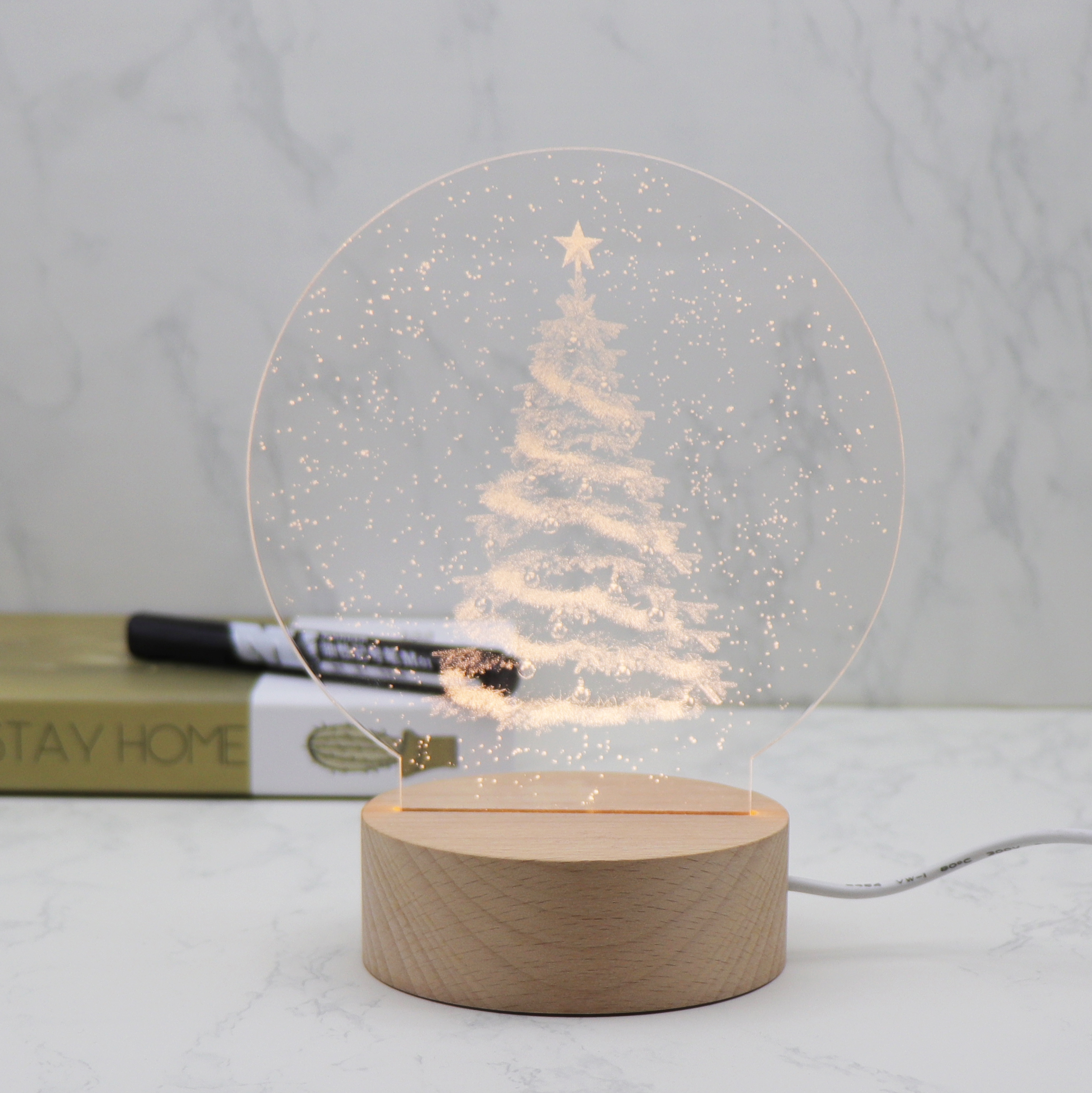 Christmas Tree 3D Acrylic Laser Night Light Lamp Wooden Base Led Lamp Gift For Home Decor