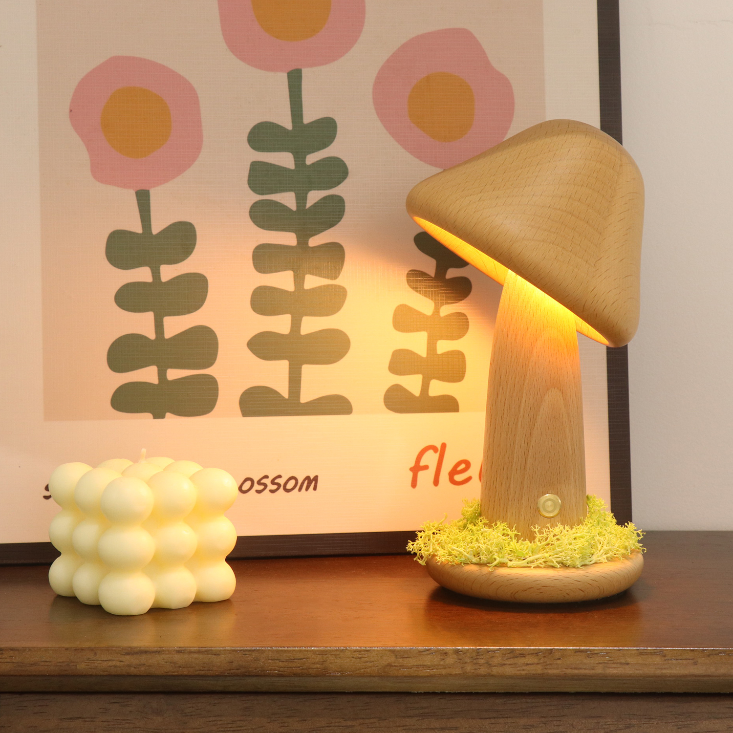 Customized Brown Dimmable Mushroom Lamp Touch Led Wooden Mushroom Night Light For Bedroom