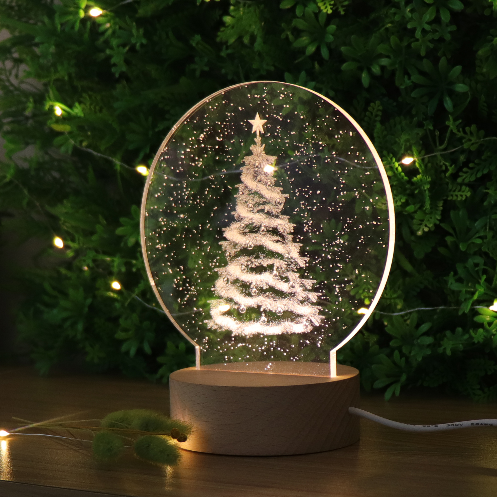 Christmas Tree 3D Acrylic Laser Night Light Lamp Wooden Base Led Lamp Gift For Home Decor