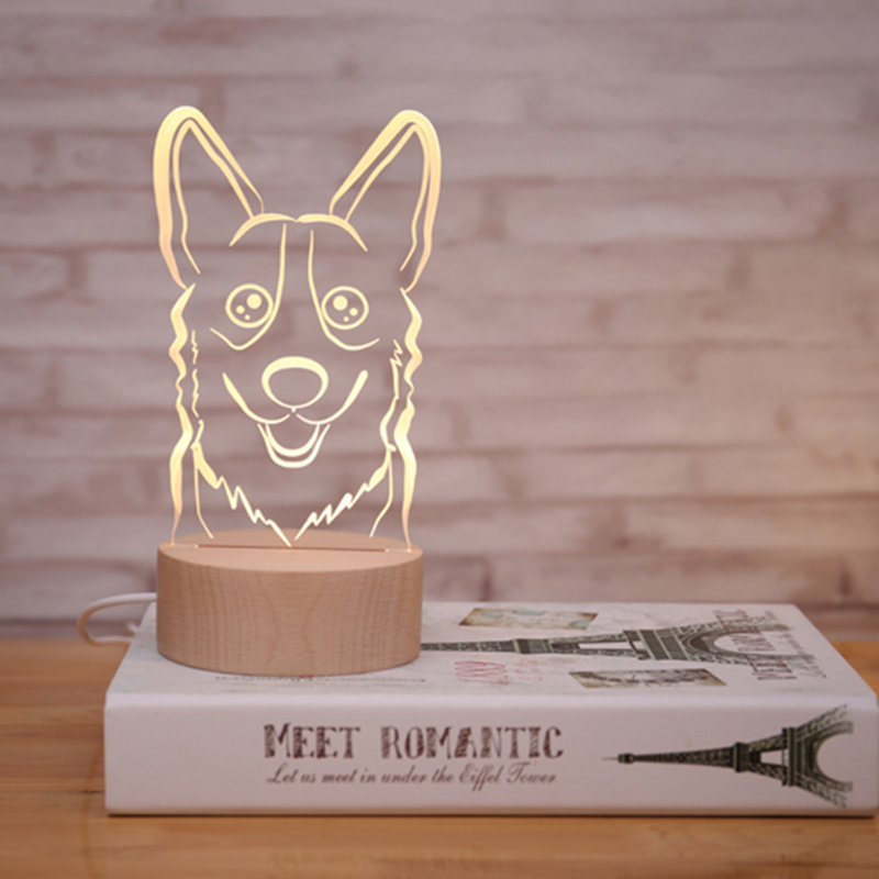 Cute Puppy Dog Night Lamp Acrylic Led Lamp With Wood Light Base